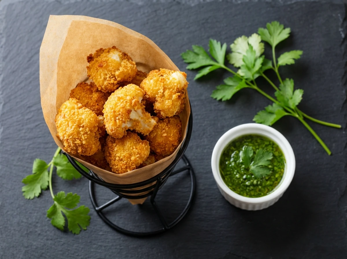 Crispy golden cauliflower bites with vegan garlic dip