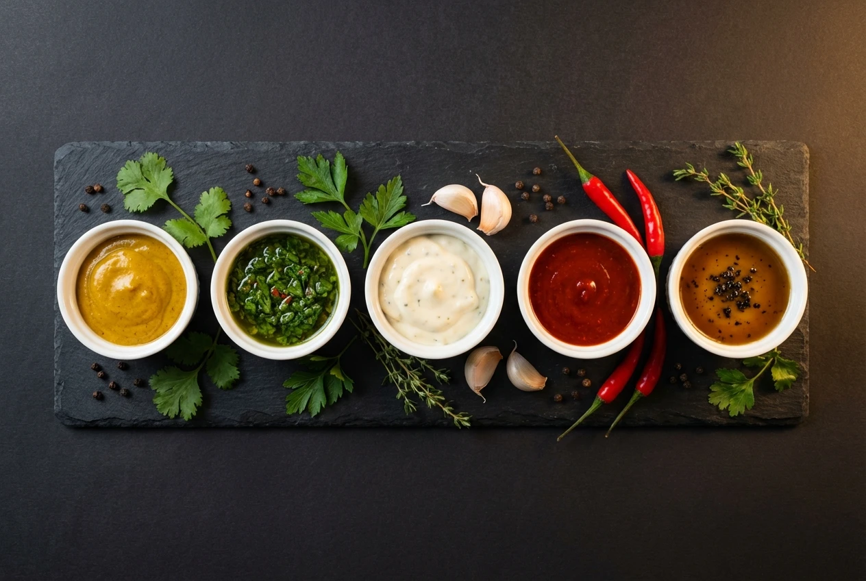 Five signature Monster Fries dips in a row — curry mayo, chimichurri, garlic aioli, sriracha chili, and truffle mayo