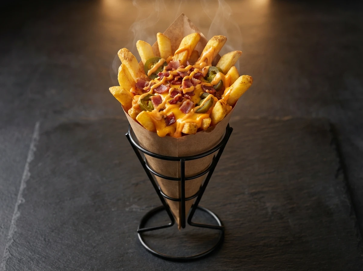 Thick-cut loaded Monster Fries with golden cheese sauce and crispy toppings