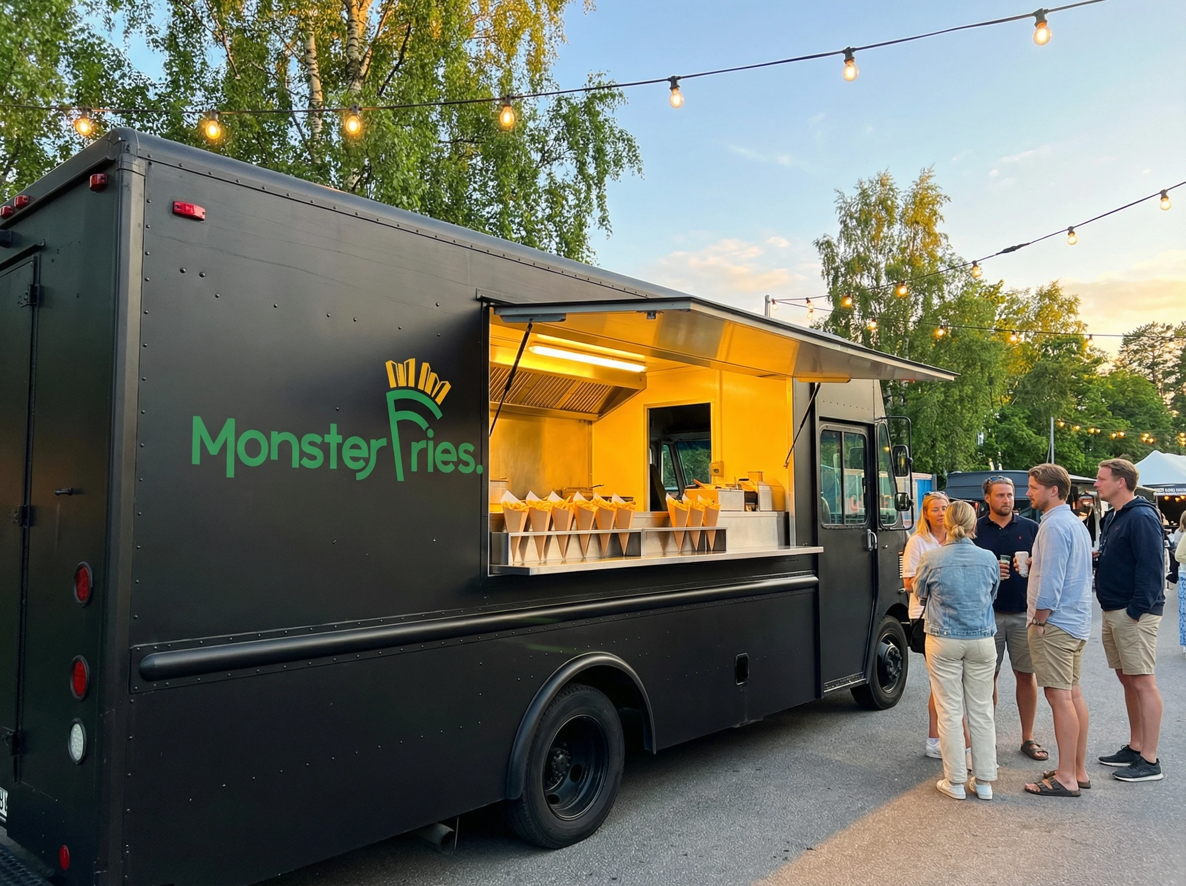 The Monster Fries food truck at a Scandinavian outdoor event during golden hour