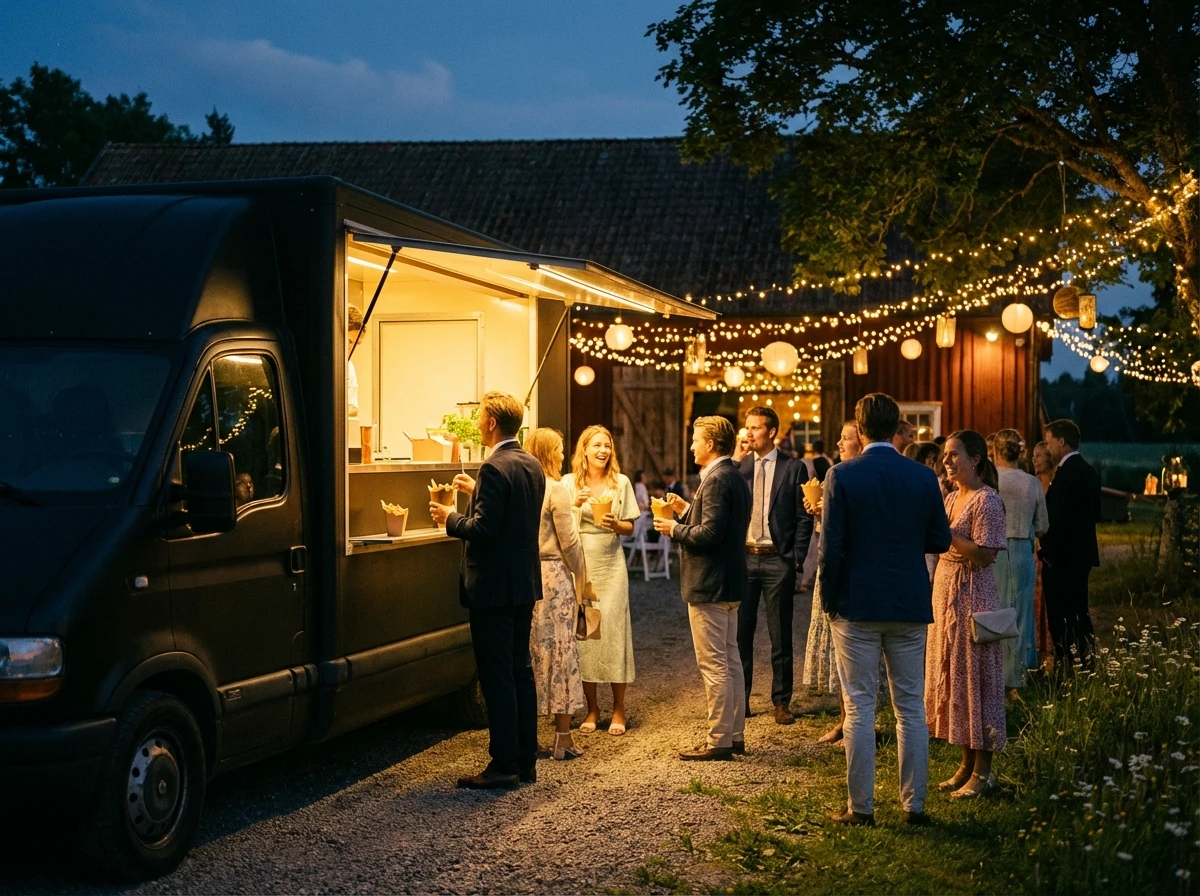 Monster Fries food truck serving wedding guests at a Swedish countryside venue at night with fairy lights